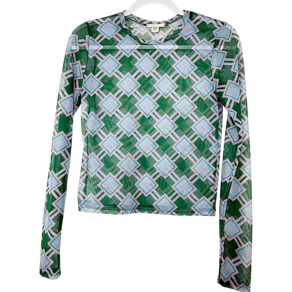 Full Tilt Kids Green Geometric Diamond Mesh Sheer Long Sleeve Top Size L